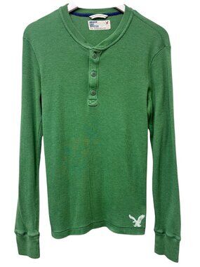 American Eagle Mens Large Green Ribbed Henley Long Sleeve Cotton Blend Casual
